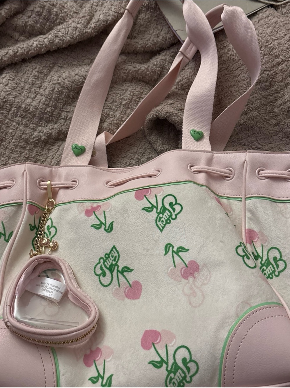 Juicy Couture Pink Cherry Logo Canvas Tote with Heart Charm